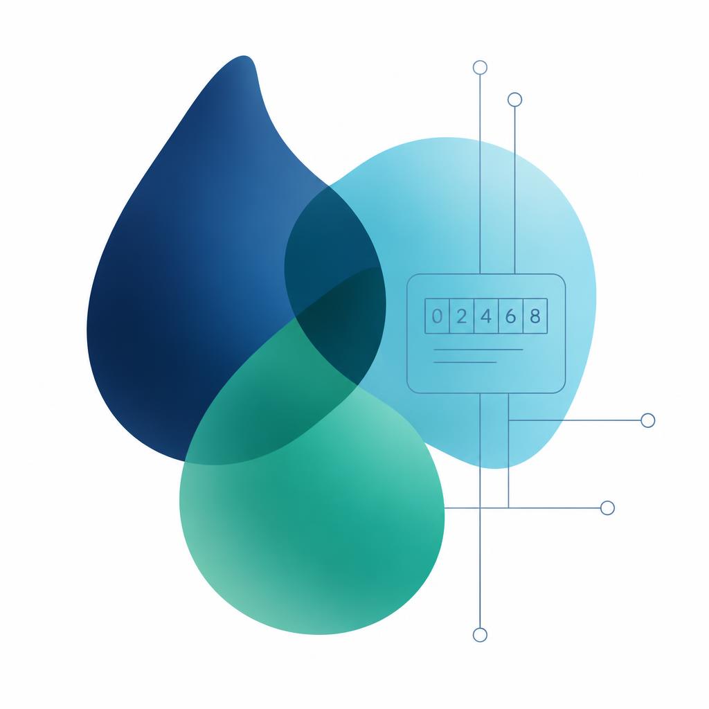 Composición gráfica de tres gotas superpuestas en azul y verde agua junto a la lectura de un contador eléctrico